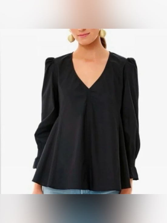 Pomander Place Tops - Pomander Place Easton Swing V Neck Long Sleeve Blouse in Black Small Cotton